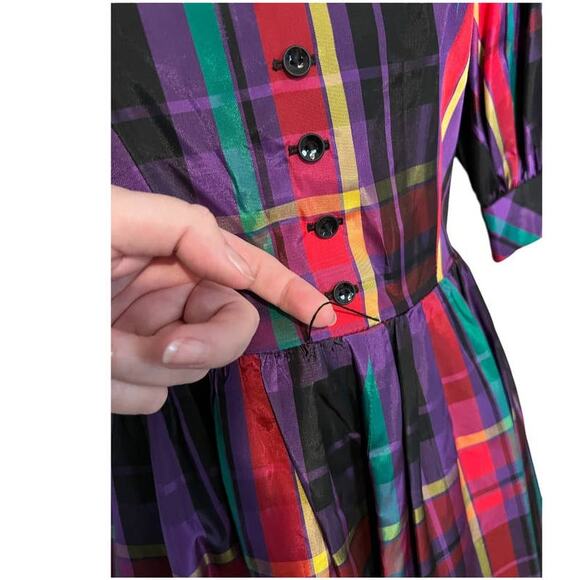 Vintage R & K Originals Union Tag Taffeta Plaid Dress Size 12 Purple Red Holiday - Picture 10 of 15